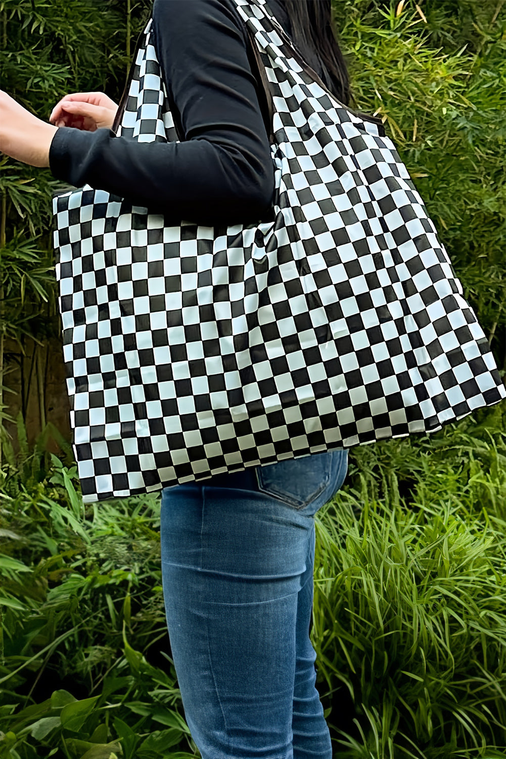 Black Checkered Print Large Capacity Canvas Shoulder Bag