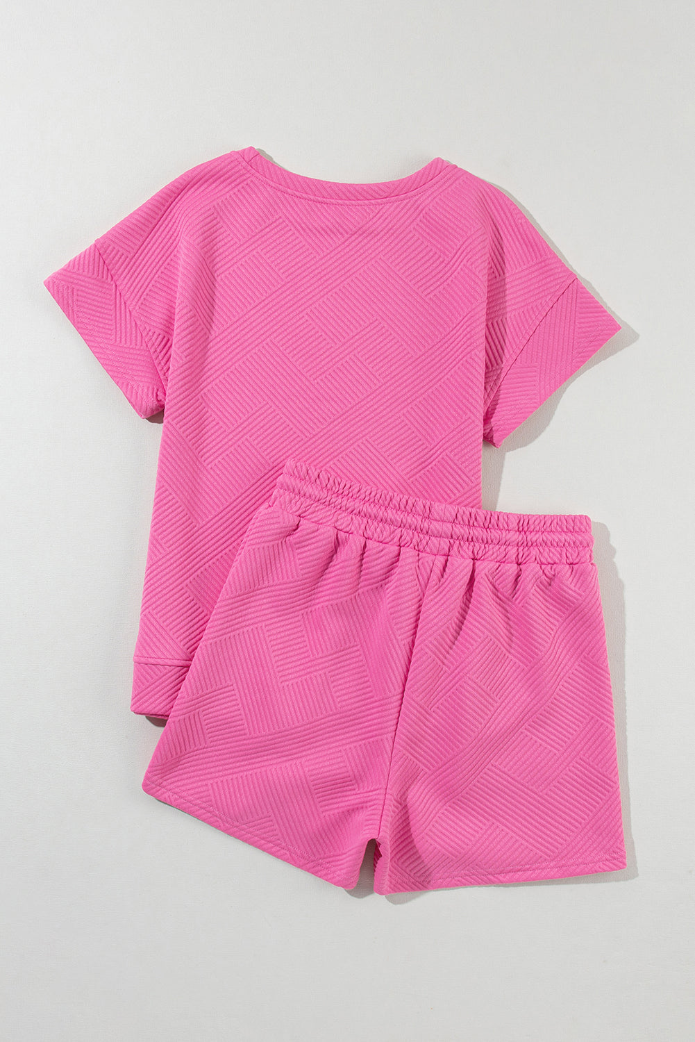 Strawberry Pink 2Pcs Solid Textured Drawstring Shorts Set