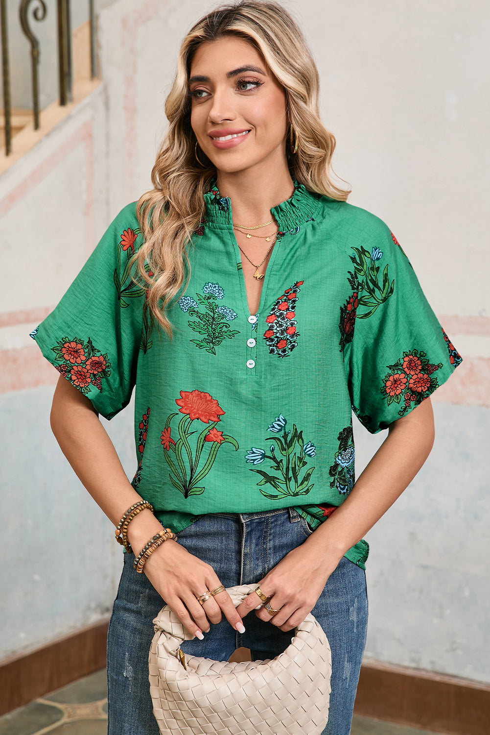 Bright Green Floral Button V-Neck Blouse