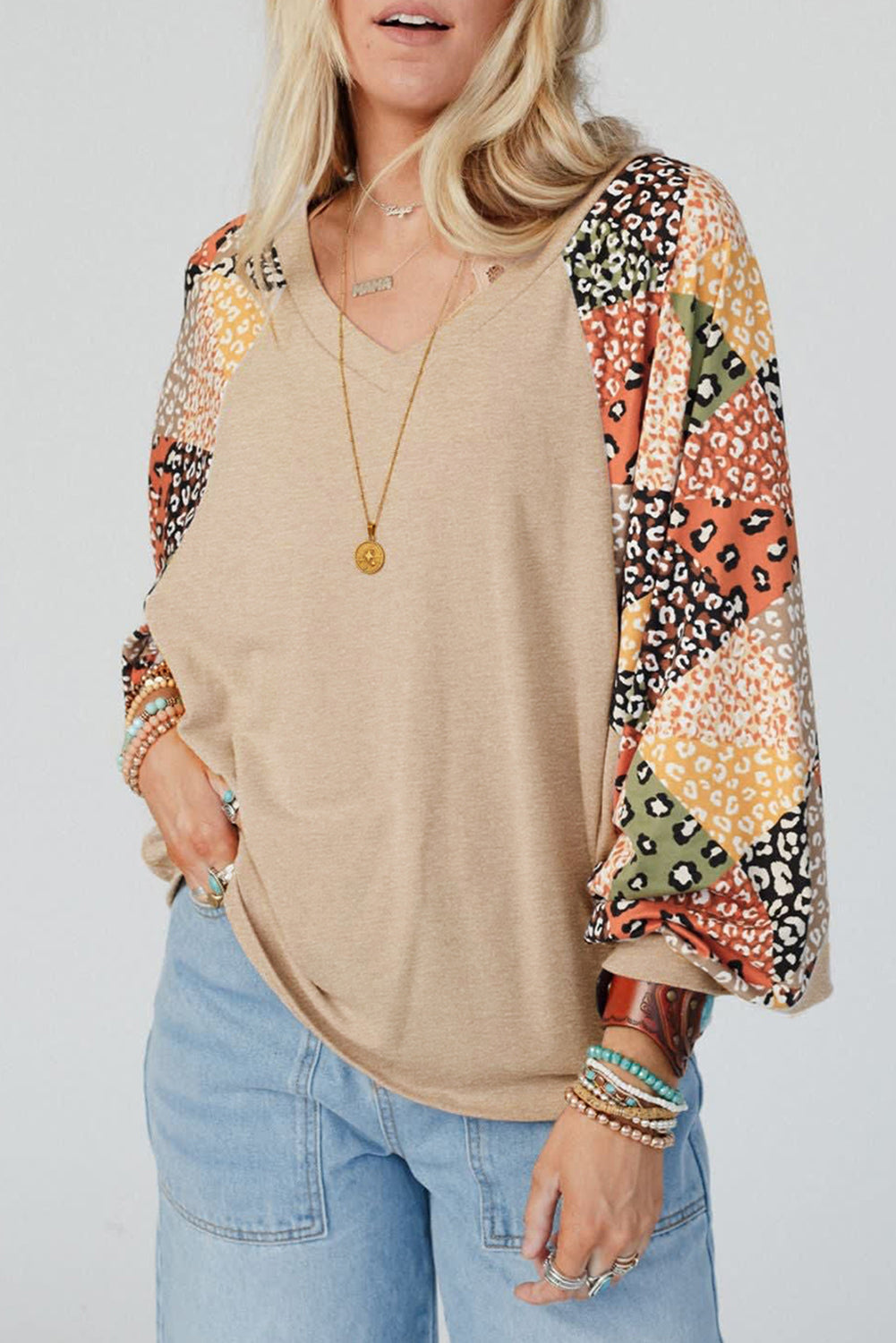 Parchment Leopard Patchwork Lantern Sleeve V Neck Loose Top