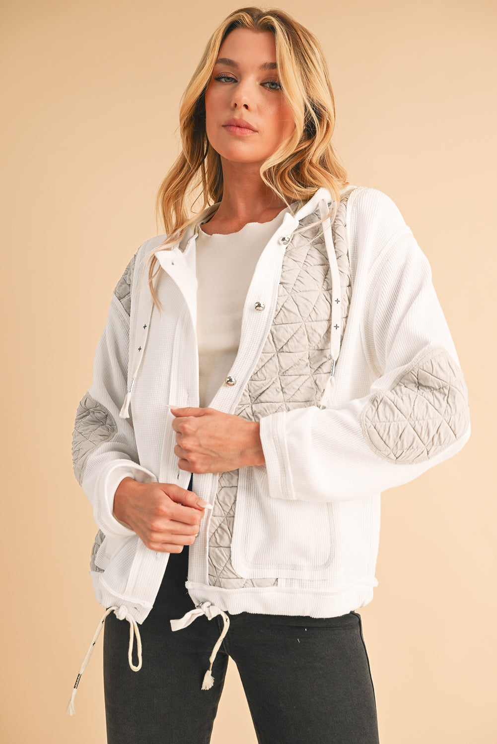 Beige Quilted Textured Patchwork Hooded Jacket