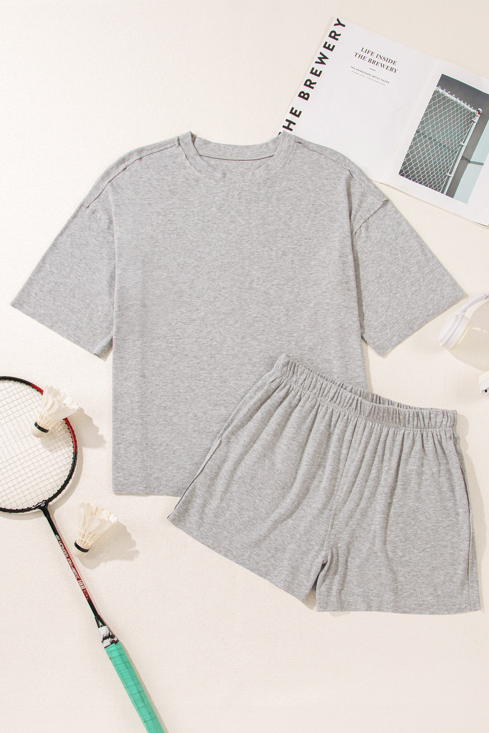 Gray Solid Color Short Sleeve Tee High Waist Shorts Set