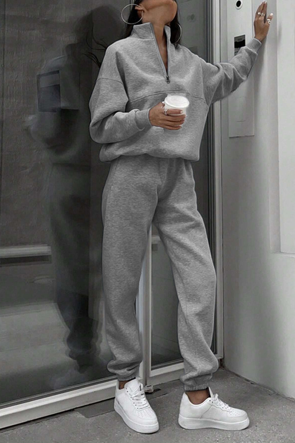 Light Grey Half Zip Drop Shoulder Sweatshirt And Sweatpants Two Piece Set