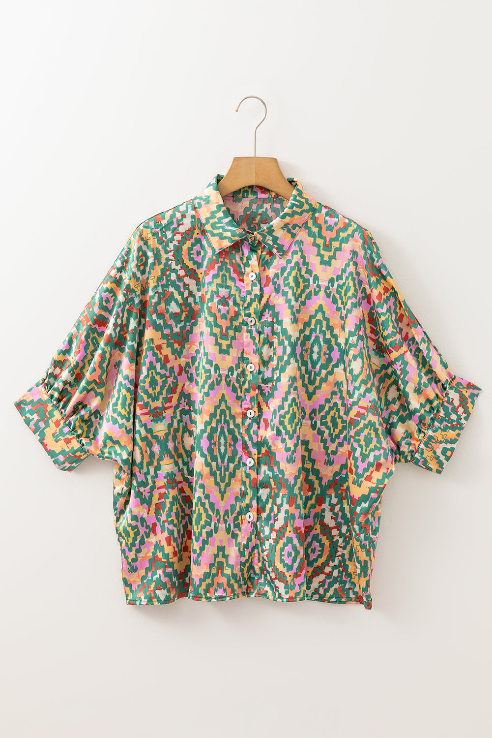 Dark Green Geometric Print Button Up Shirt