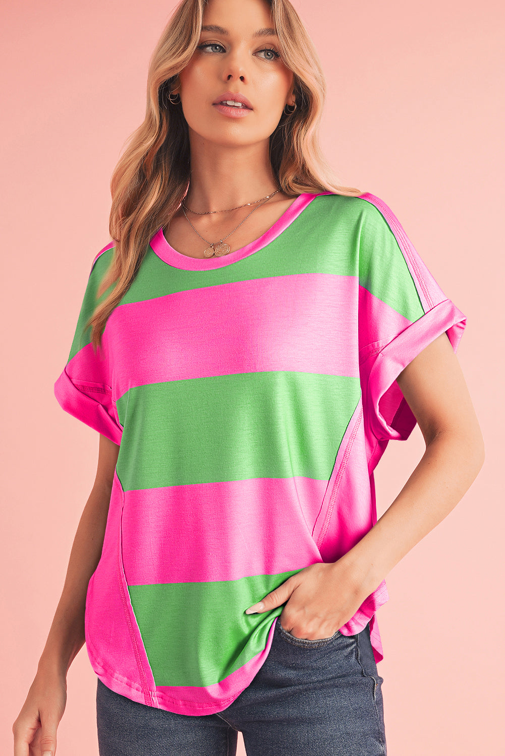 Green & Rosy Colorblock Exposed Seam Tee