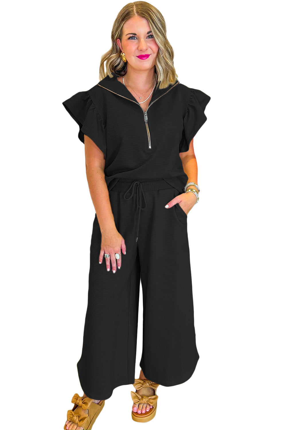 Black Textured Ruffle Sleeve Zipped Top and Wide Leg Pants Set