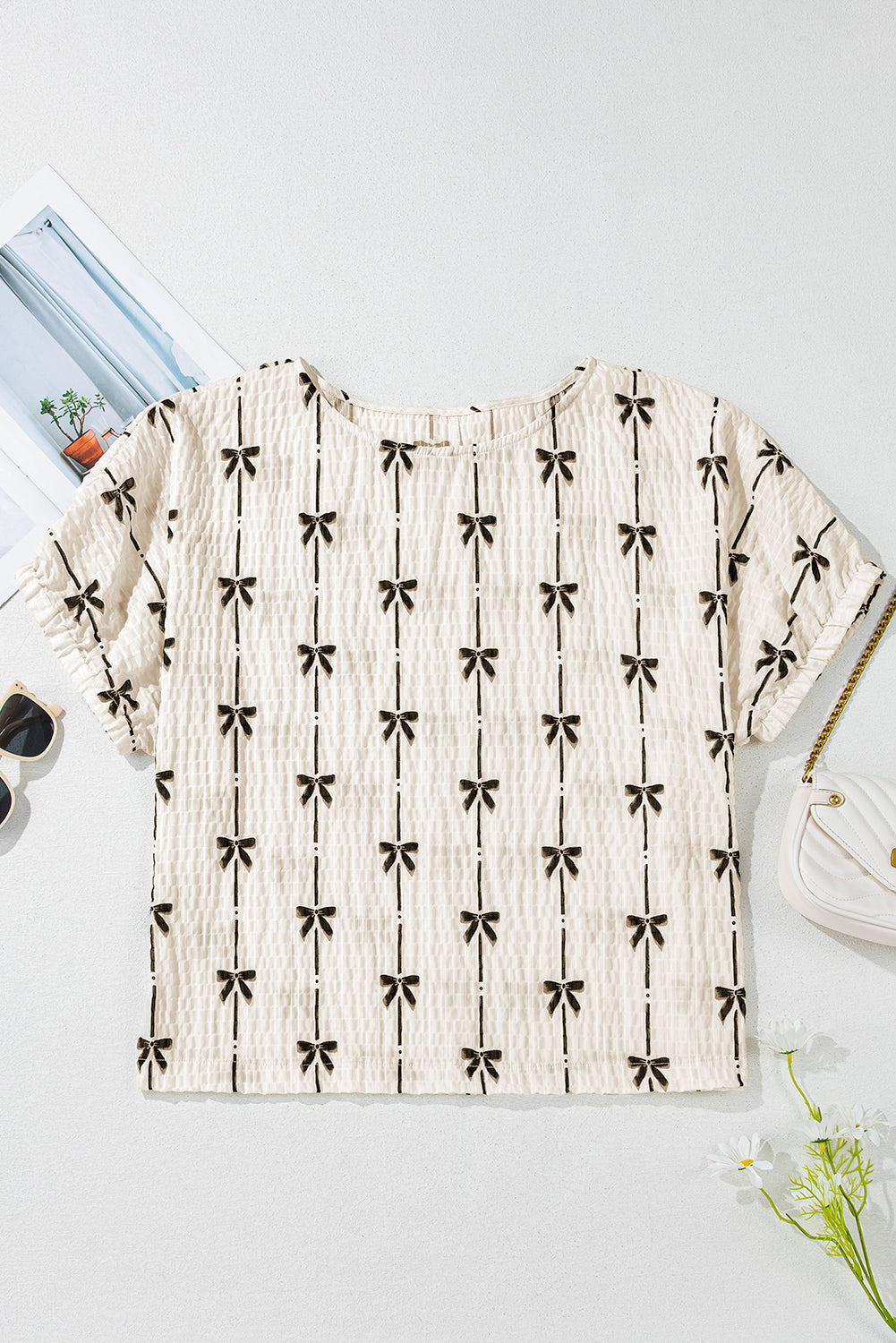 Beige Bow Print Striped Puff Short Sleeve Blouse