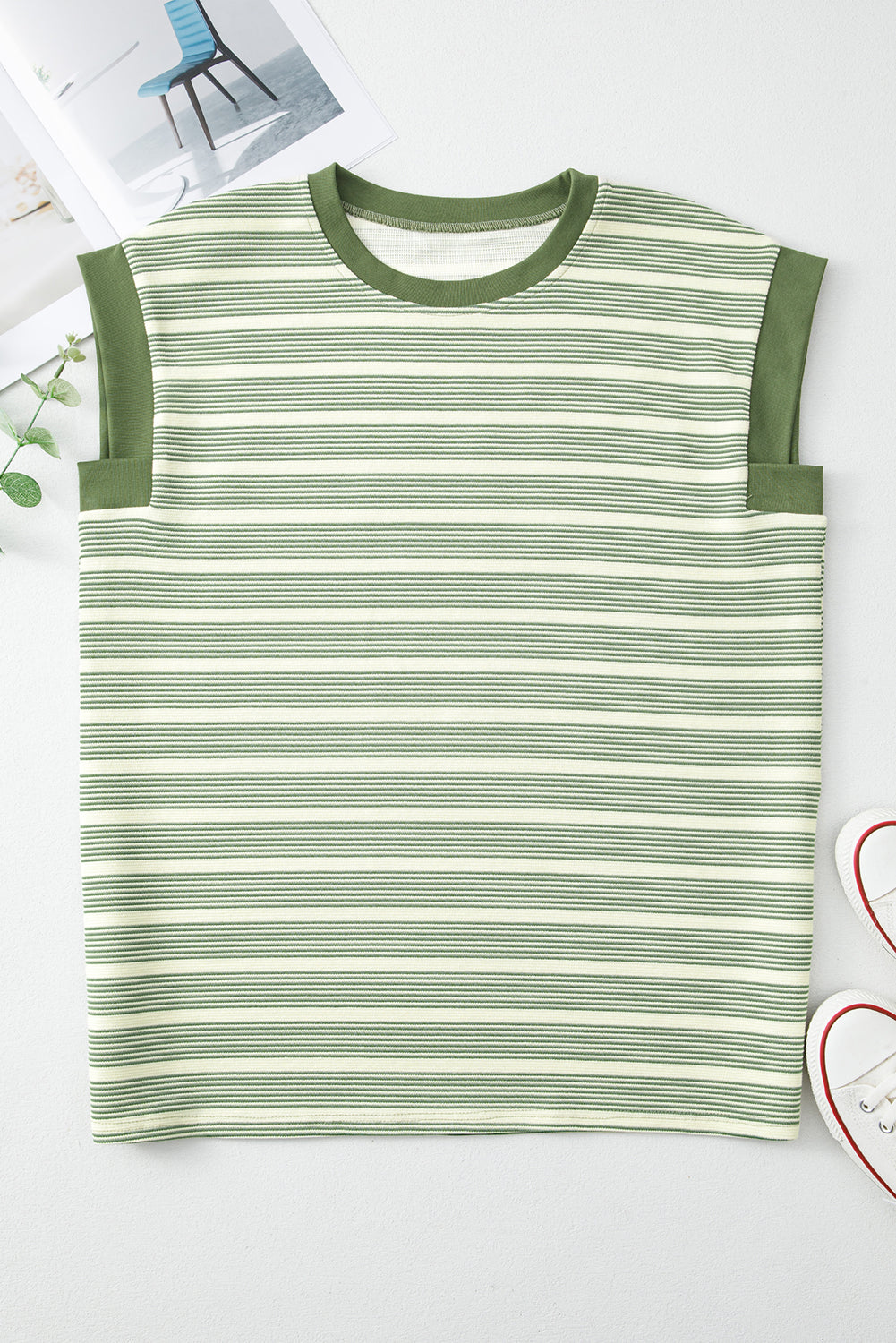 Green Striped Casual Contrast Trim Tee