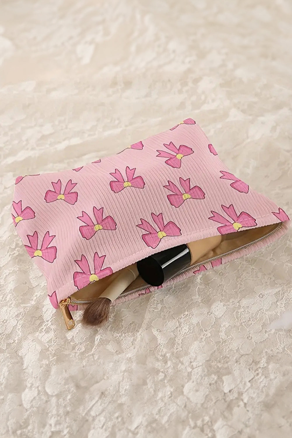 Pink Bow Print Corduroy Zipper Makeup Bag