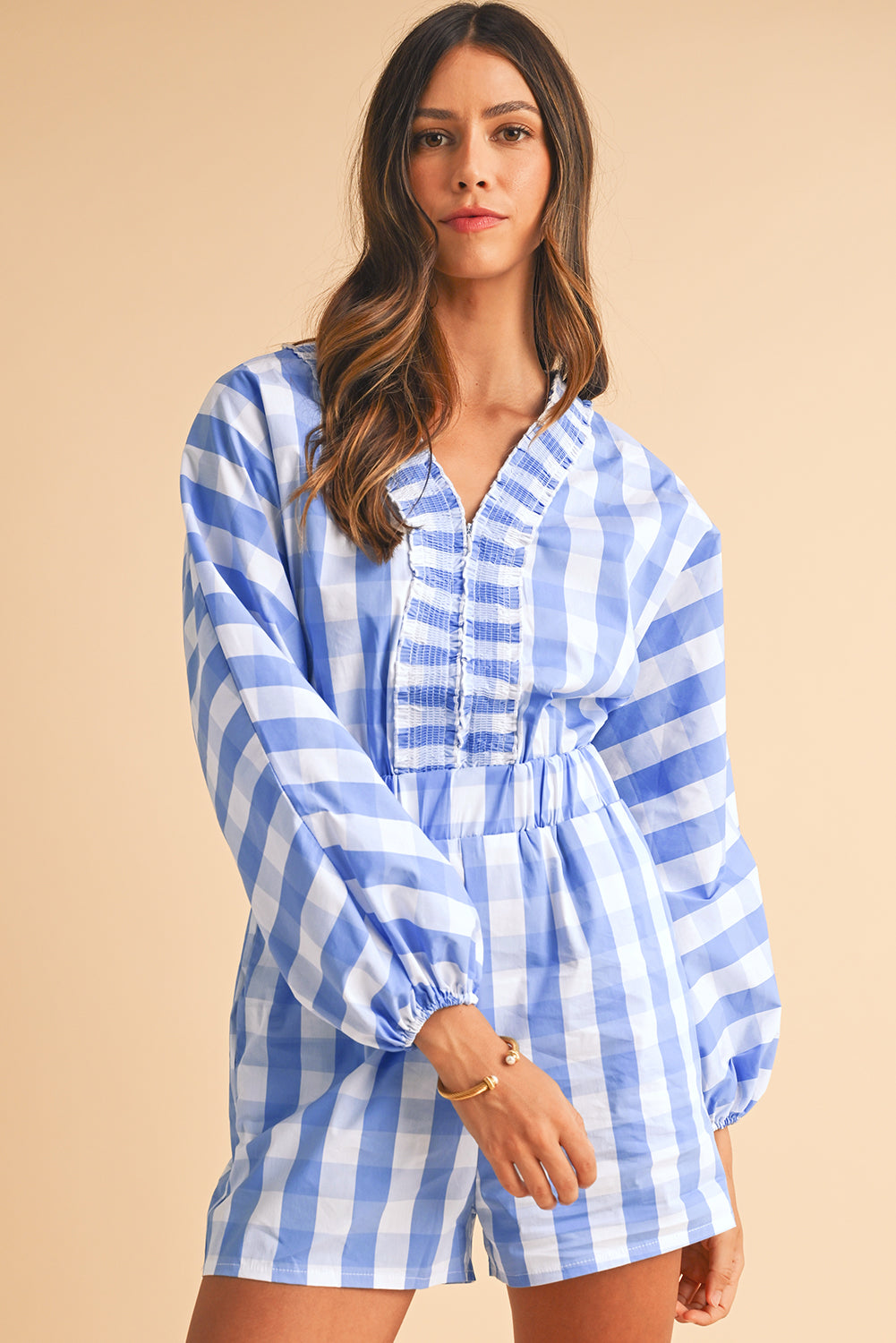 Sky Blue Plaid Shirred V Neck Lantern Sleeve Romper