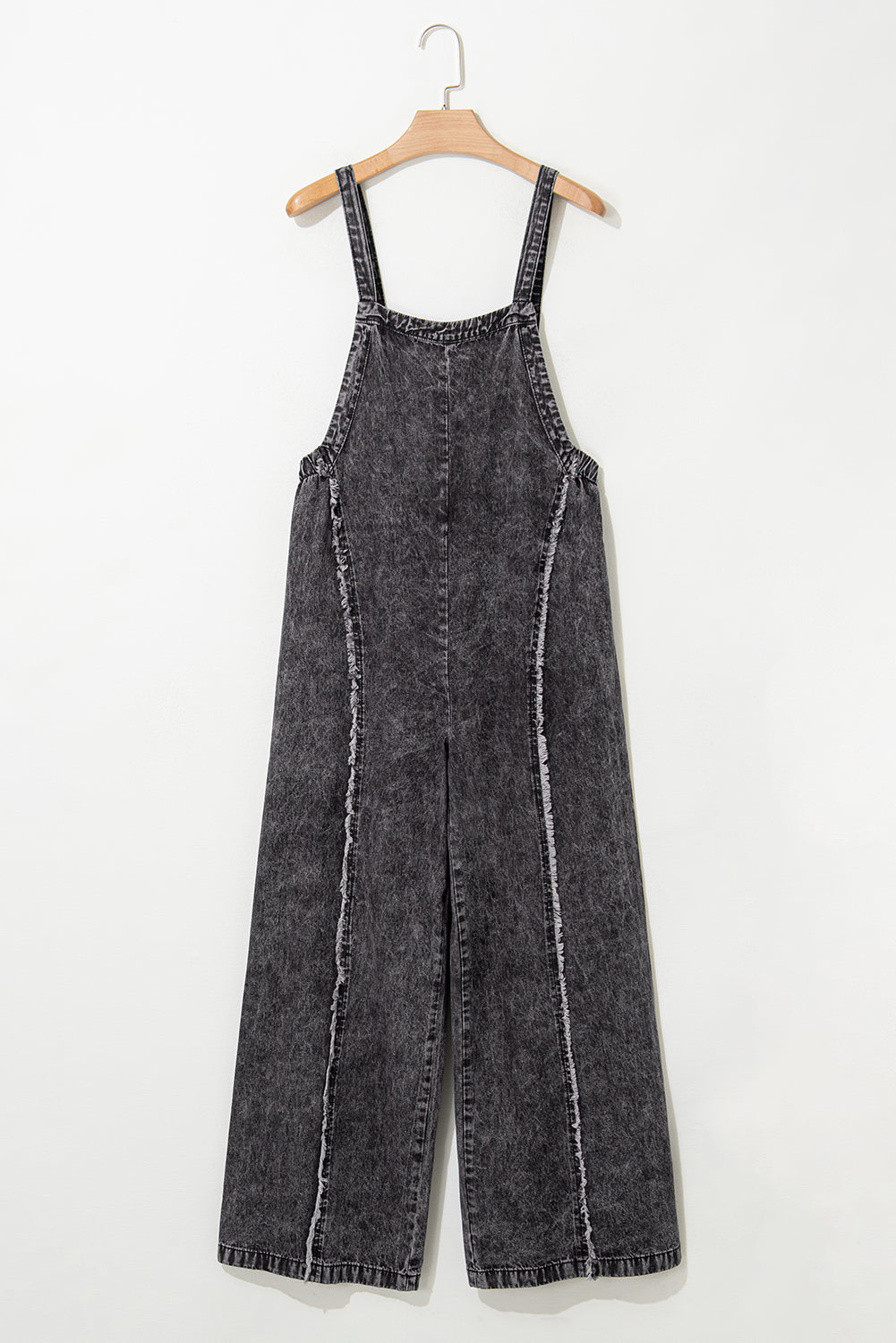 Dark Grey Light Wash Frayed Exposed Seam Wide Leg Denim Overalls