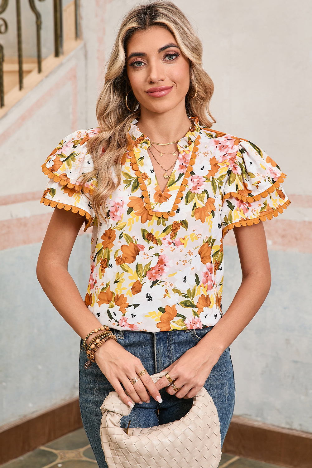 Russet Orange Floral Frill V-Neck Scallop Trim Boho Blouse