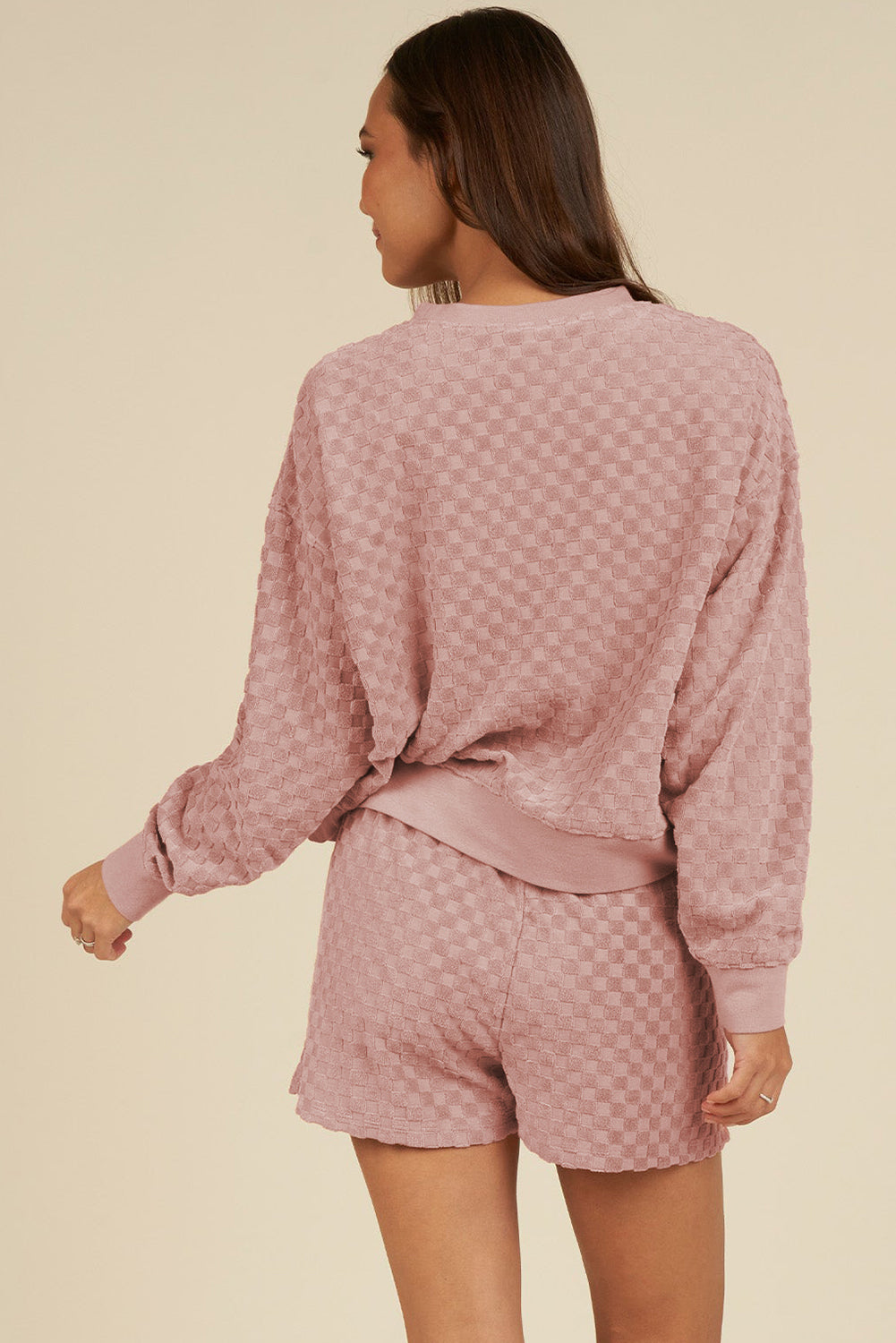 Blossom Checkered Textured Long Sleeve Top and Shorts Set