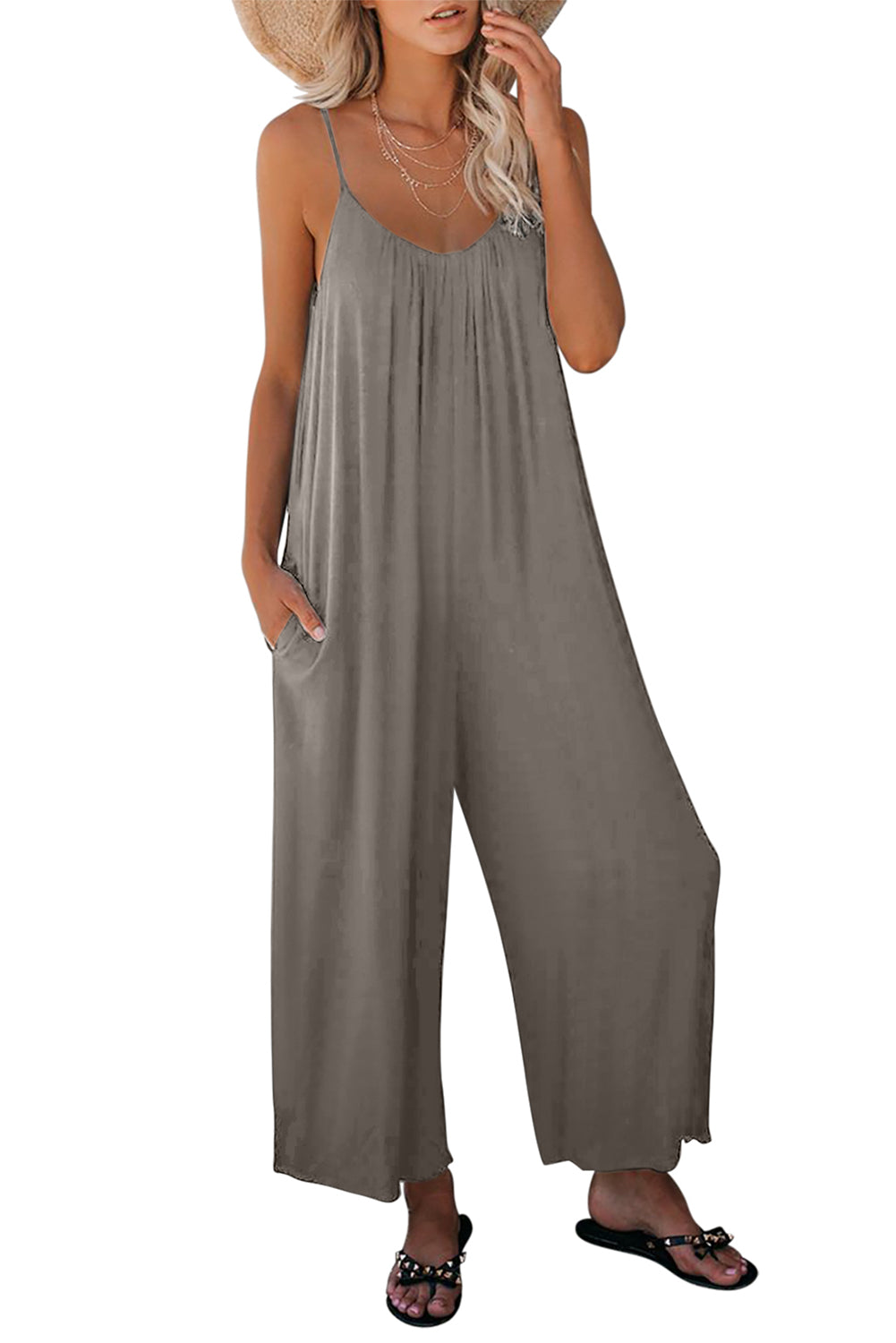 Grey Casual Spaghetti Straps Wide Leg Pocketed Jumpsuits