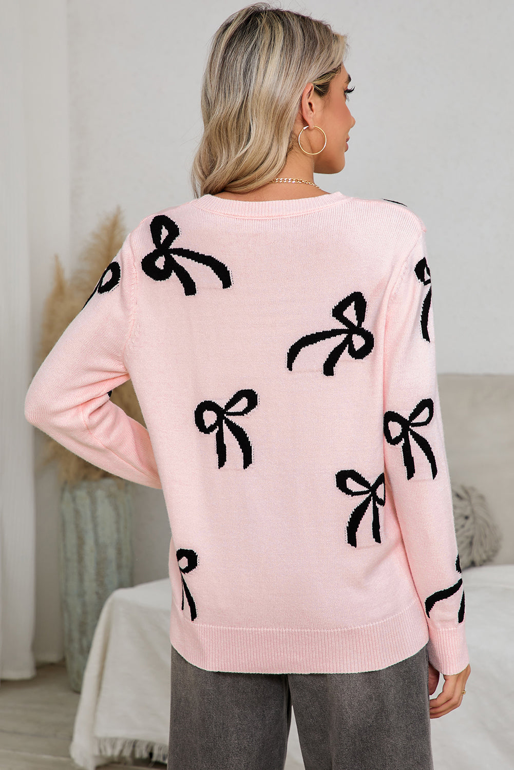 Light Pink Bow Print Long Sleeve Loose Fit Sweater