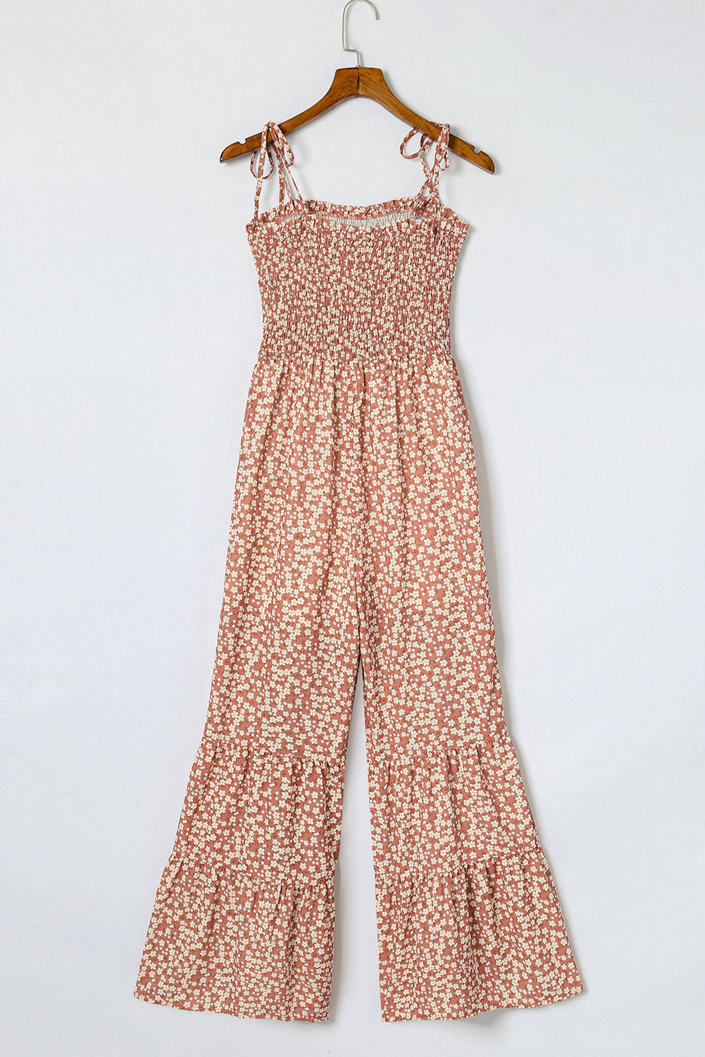 Khaki Floral Spaghetti Straps Smocked Bodice Wide Leg Jumpsuit