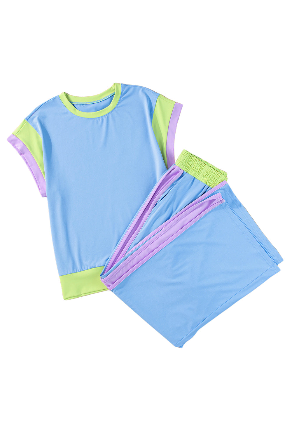 Sky Blue Colorblock Cap Sleeve Tee & Wide Leg Pants Set