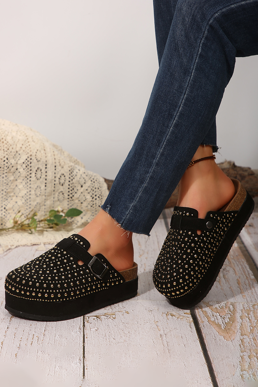 Black Vintage Studded Platform Slippers