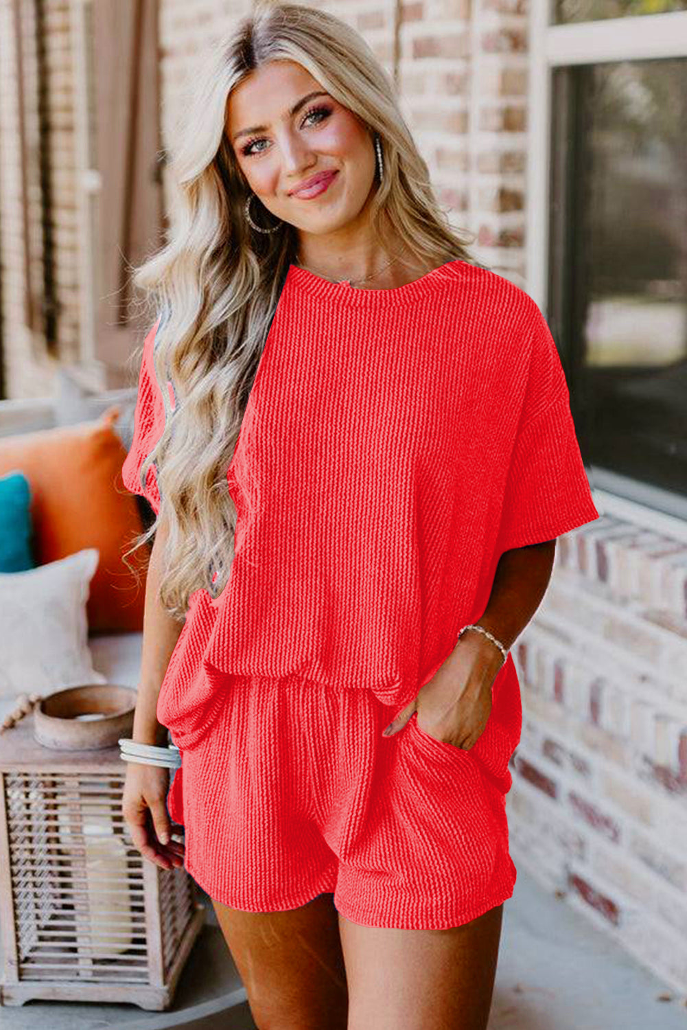 Carbon Grey Ribbed Textured Loose Fit Tee & Shorts Set