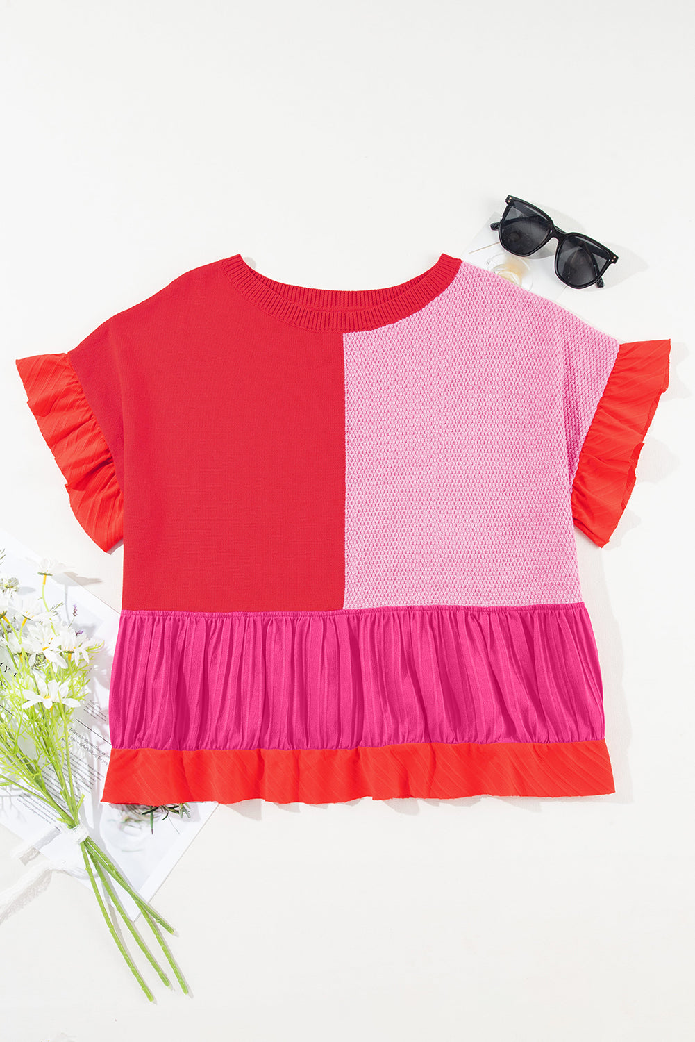 Tomato Red Mix Knitted Patchwork Ruffle Trim Loose T Shirt