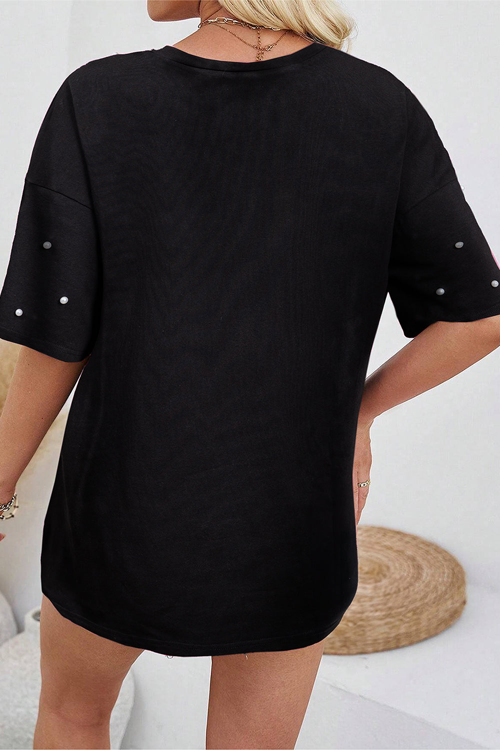 Black Pearl Beaded  Drop Shoulder Crewneck T Shirt