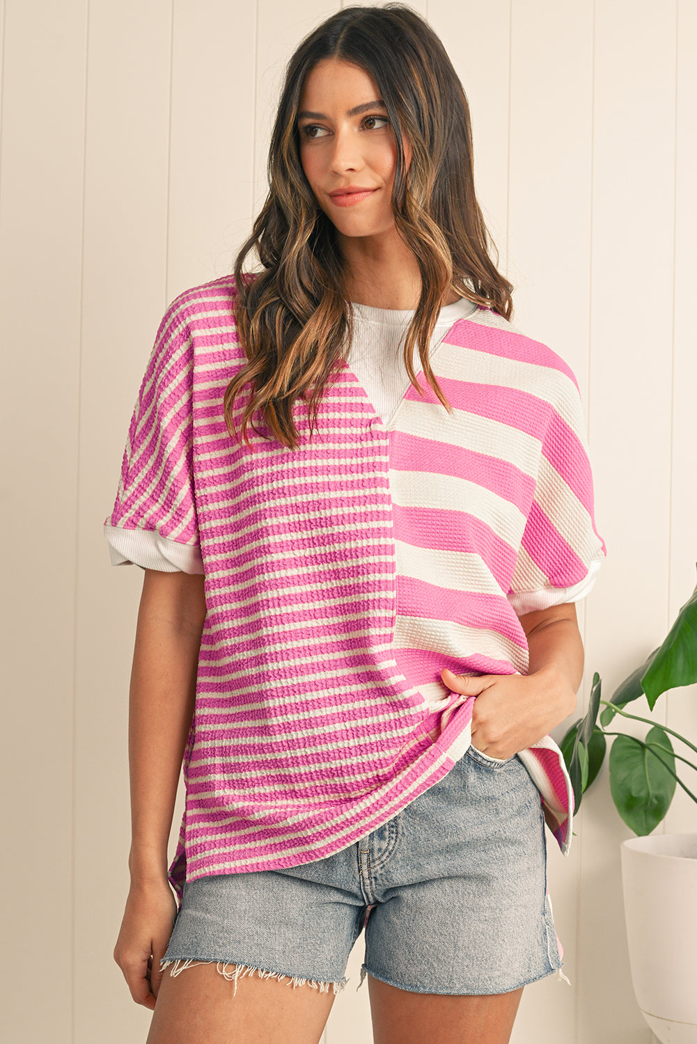 Pink Stripe Waffle Patchwork Short Sleeve High Low Loose T Shirt