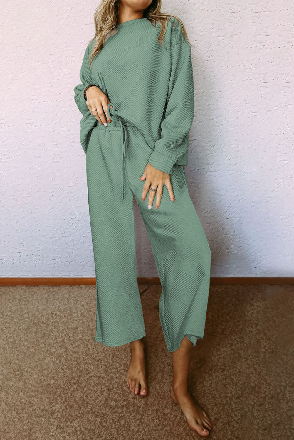 Grass Green Textured Loose Slouchy Long Sleeve Top and Pants Set