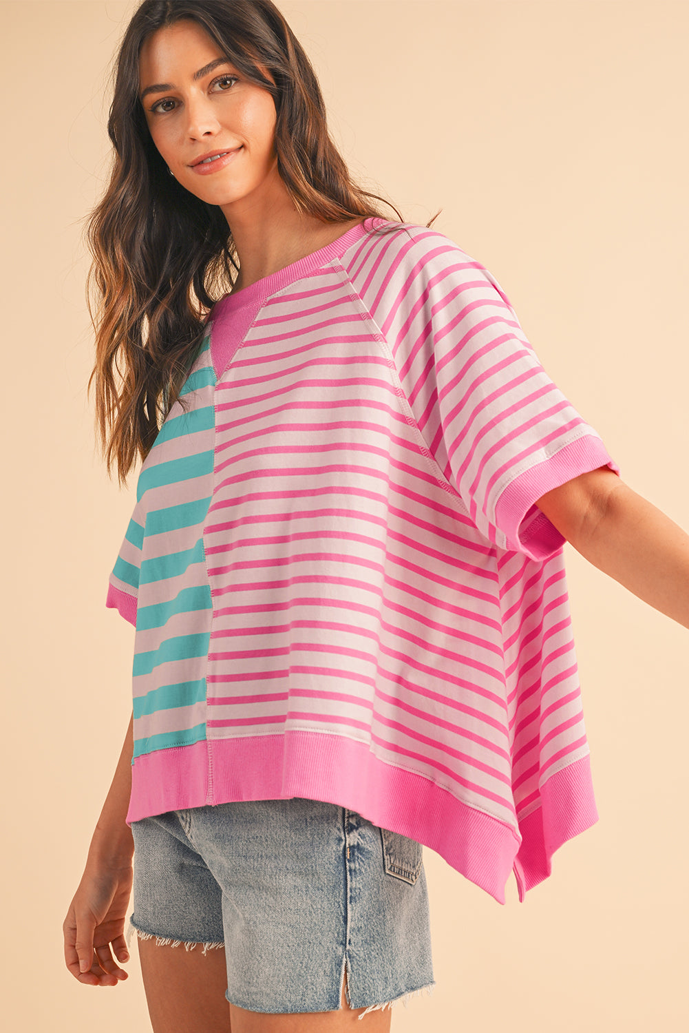 Pink Striped Colorblock Oversized T Shirt