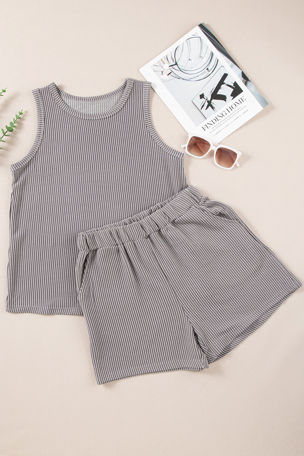 Smoke Gray Corded Tank Top and Pocketed Shorts Set