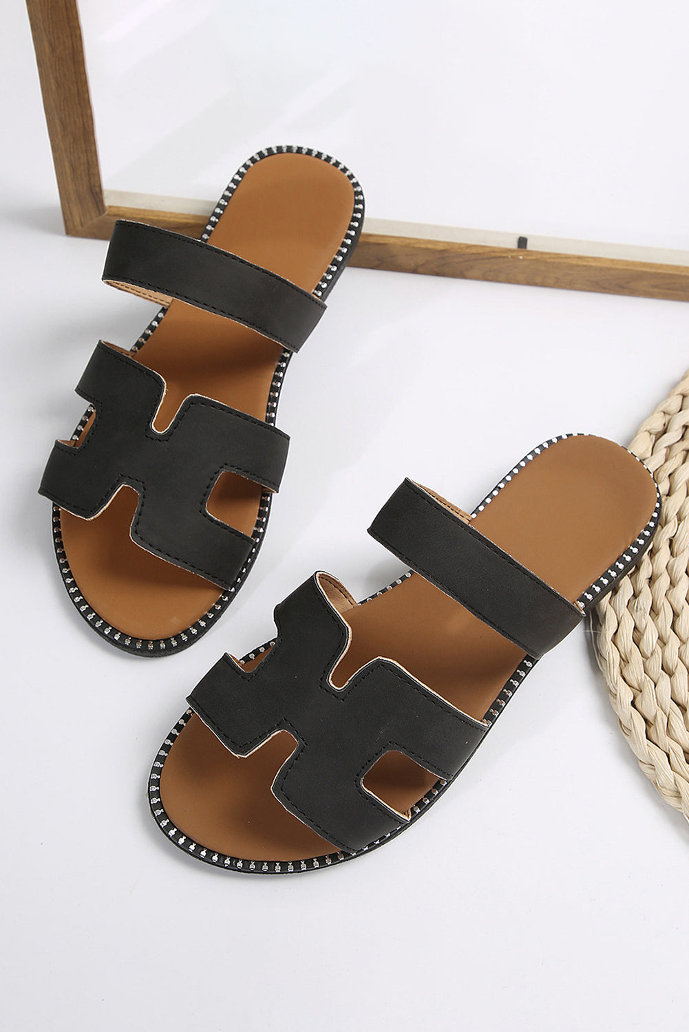 Brown Leather H Band Flat Slides Shoes