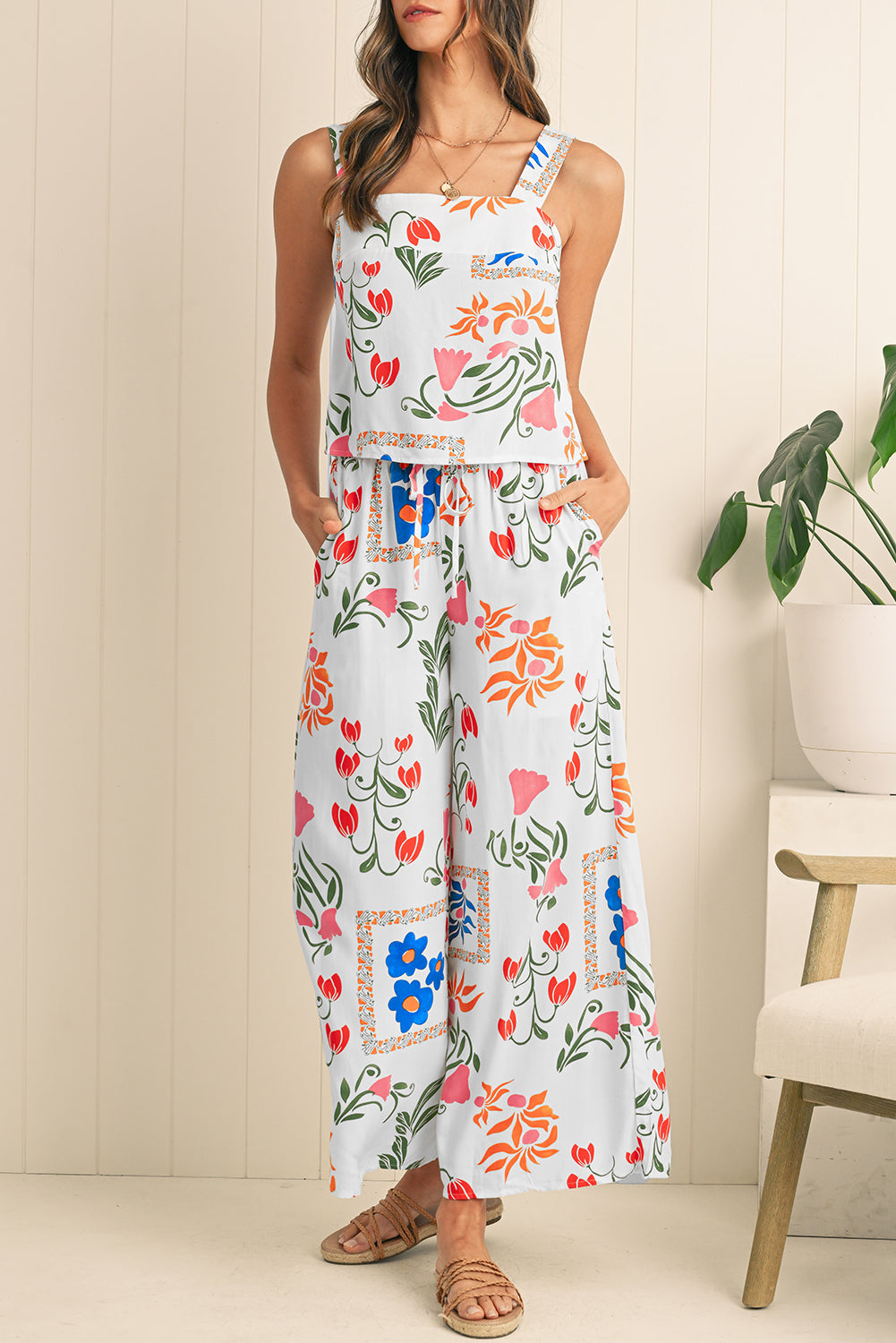 White Square Neck Tank & Wide Leg Pants Boho Floral Set