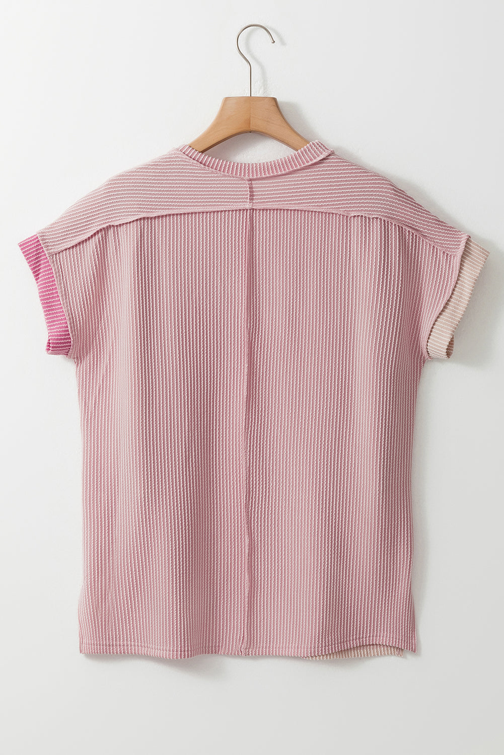 Pink Crinkle Rib Textured Colorblock Round Neck T Shirt