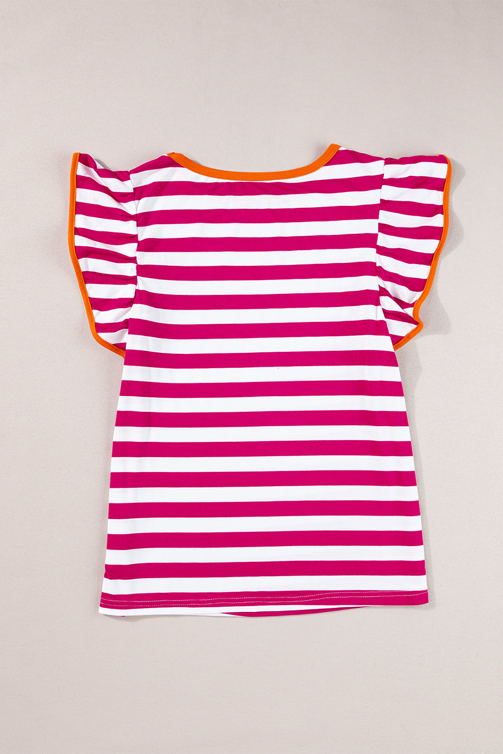 Rose Red Ruffle Sleeve Contrast Trim Striped Tee