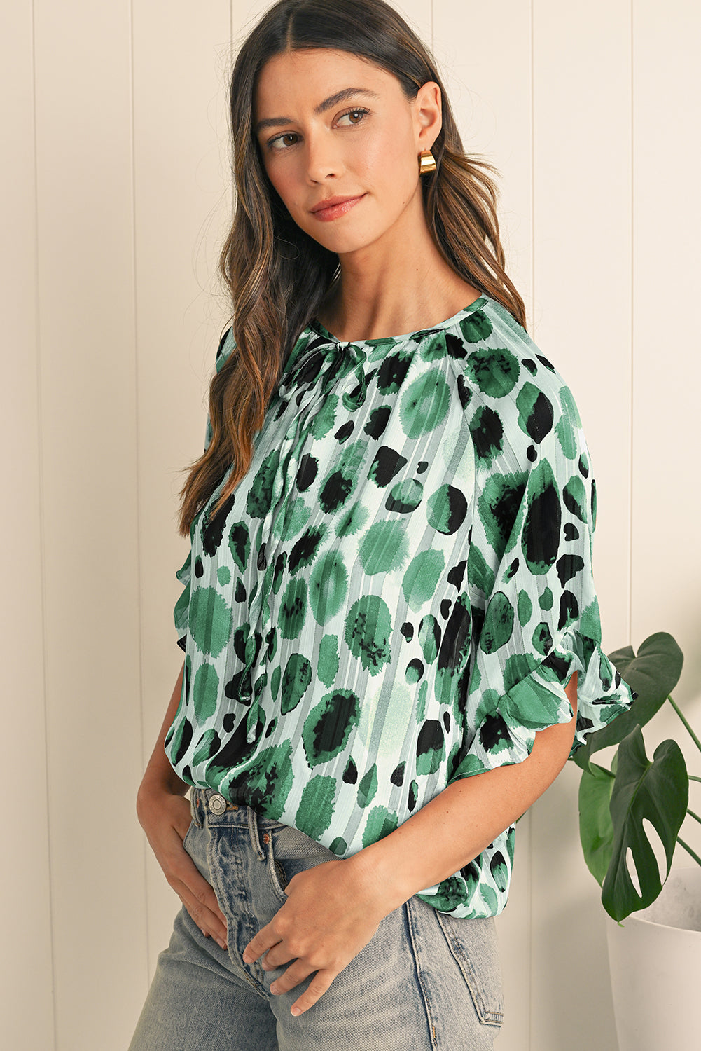 Green Abstract Print Ruffle 3/4 Sleeve Tie Neck Blouse