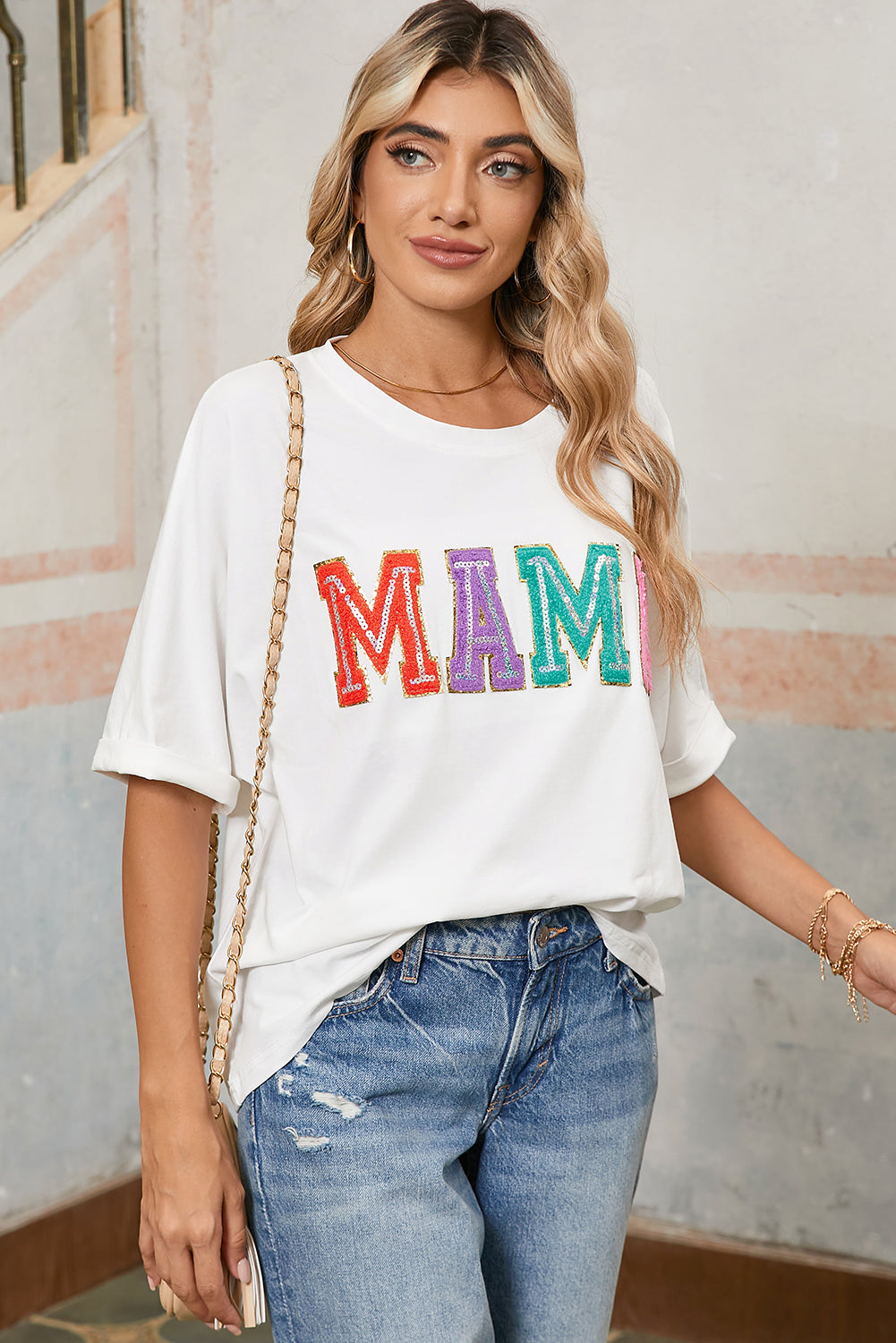 White MAMA Chenille Patched Crew Neck T Shirt