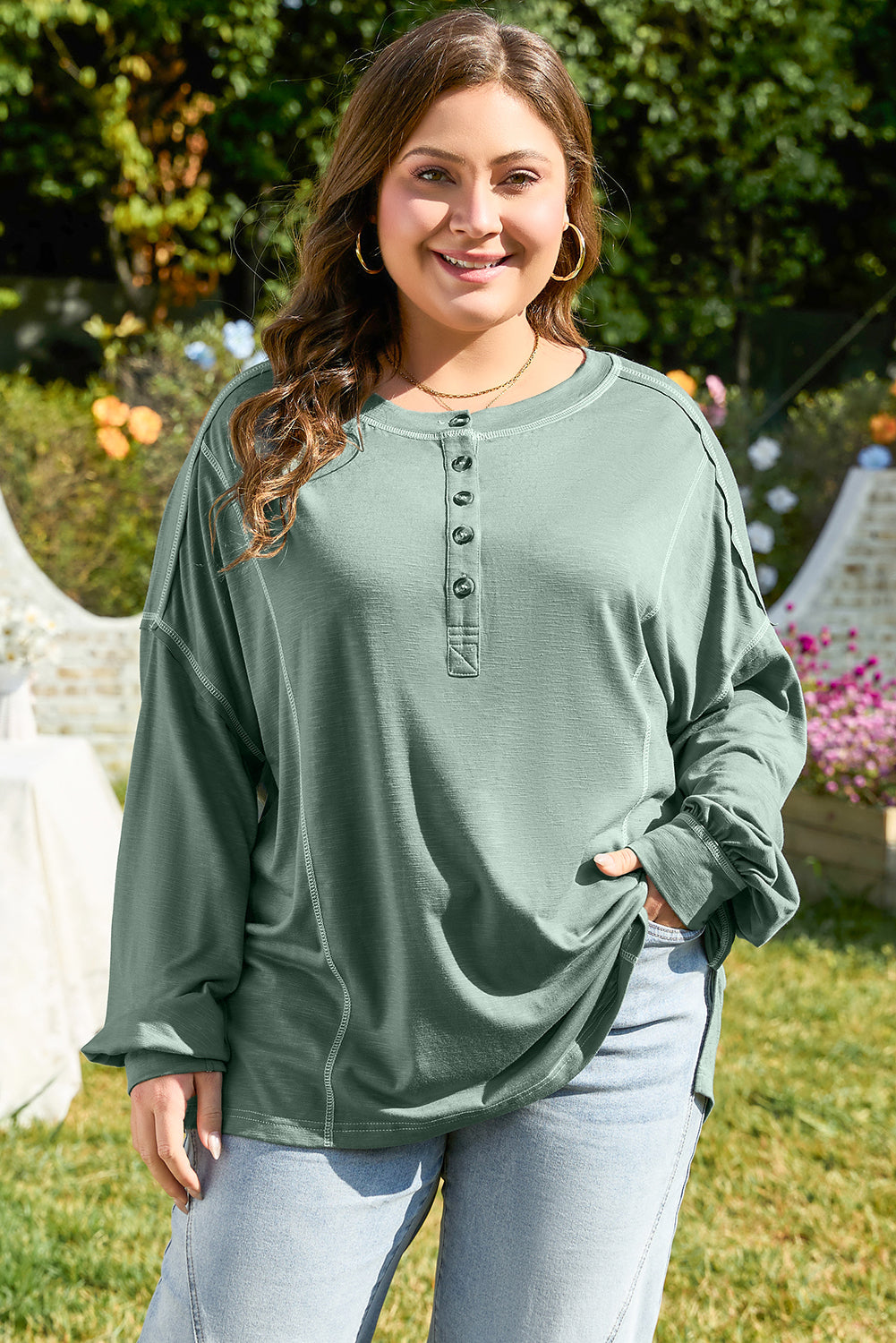 Seagrass Plus Size Exposed Seam Drop Shoulder Henley Top