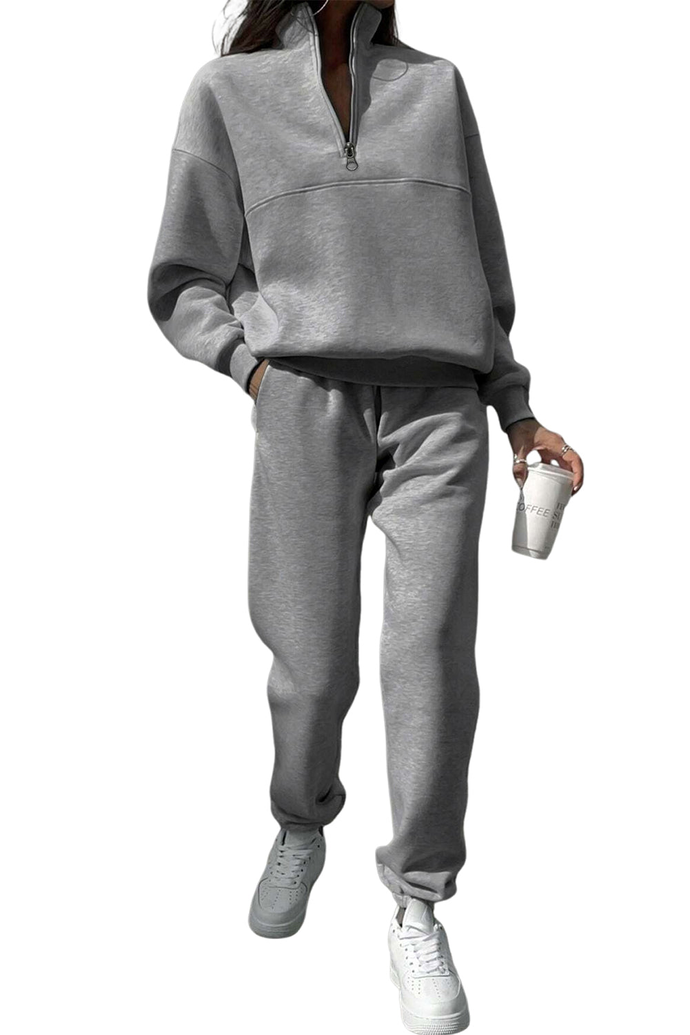 Light Grey Half Zip Drop Shoulder Sweatshirt And Sweatpants Two Piece Set