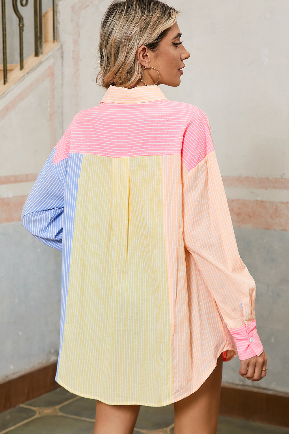 Pink Stripe Color Block Buttoned Oversized Shirt