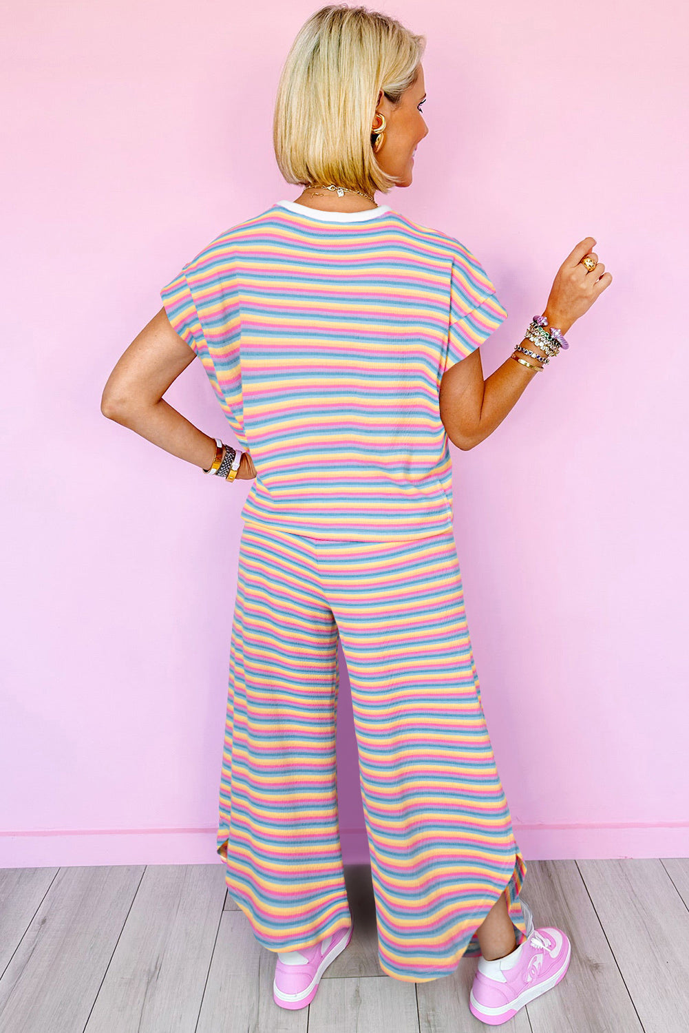 Black Stripe Rainbow Tee and Tassel Drawstring Wide Leg Pants Set