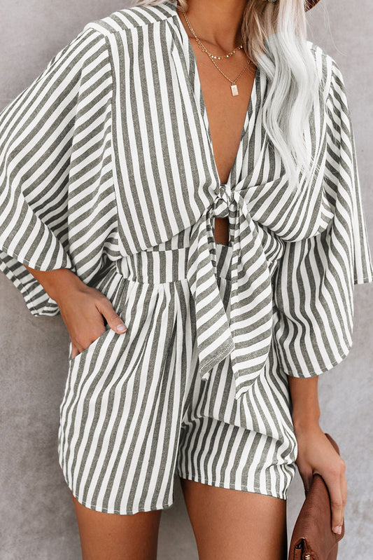 Grey Striped Print Tie Knot Front Romper With Pockets