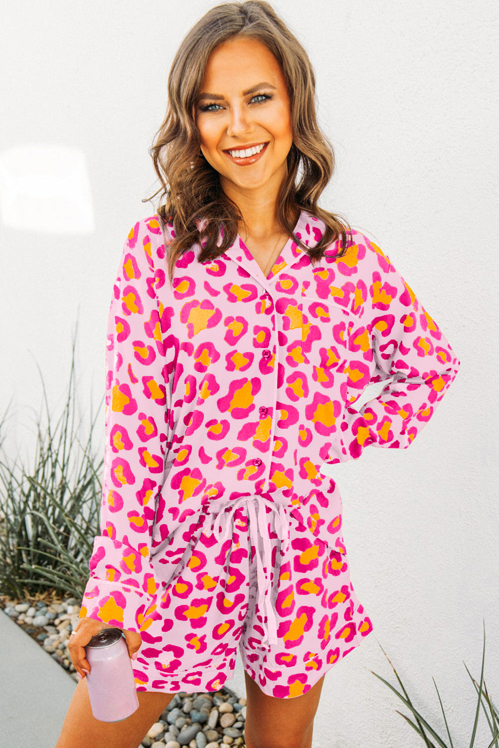 Pink Leopard Print Long Sleeve Shirt and Shorts Pajama Set