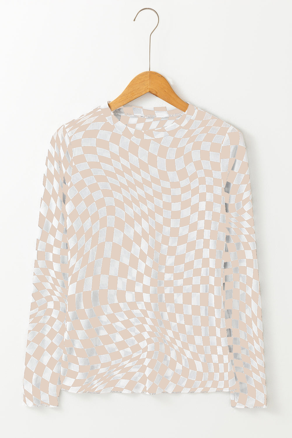 Black Checkered Pattern Mesh Long Sleeve Top