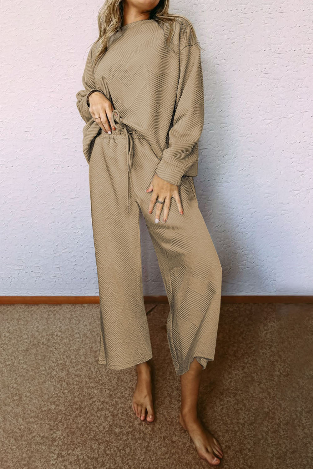 Grass Green Textured Loose Slouchy Long Sleeve Top and Pants Set