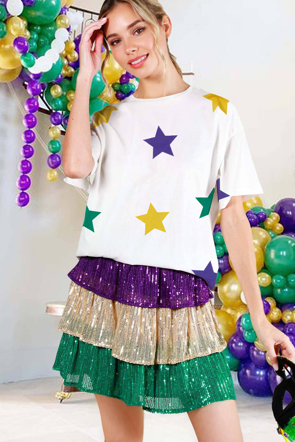 White Mardi Gras Star Printed Short Sleeve Round Neck T-Shirt