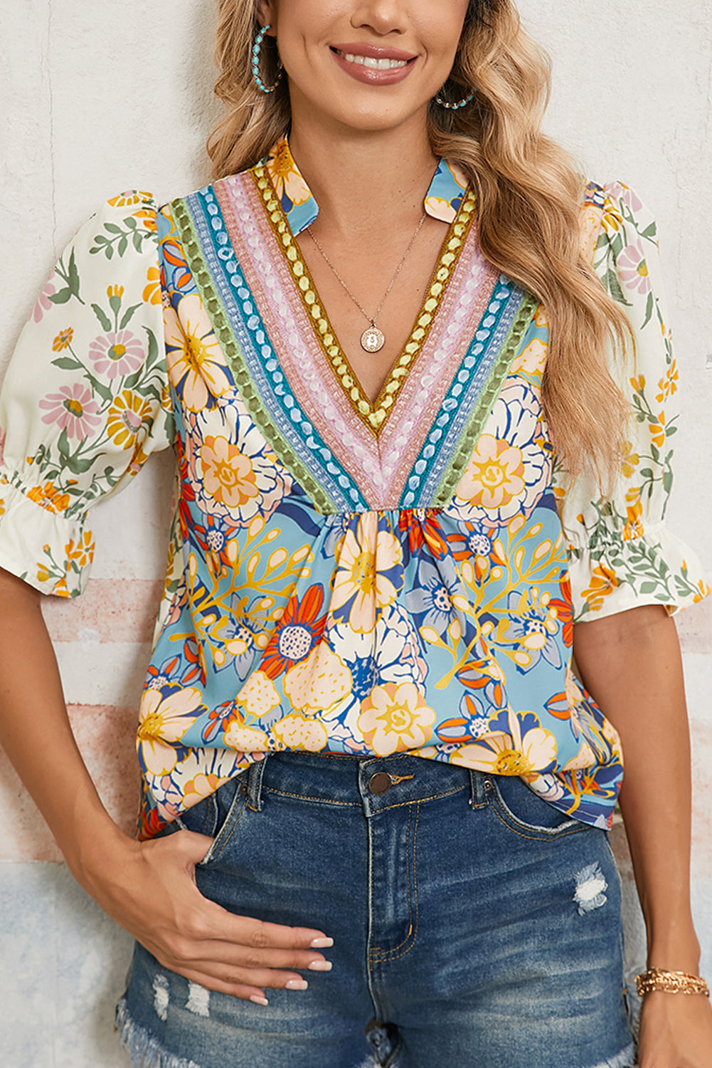 Multicolour V Neck Half Sleeve Boho Floral Blouse