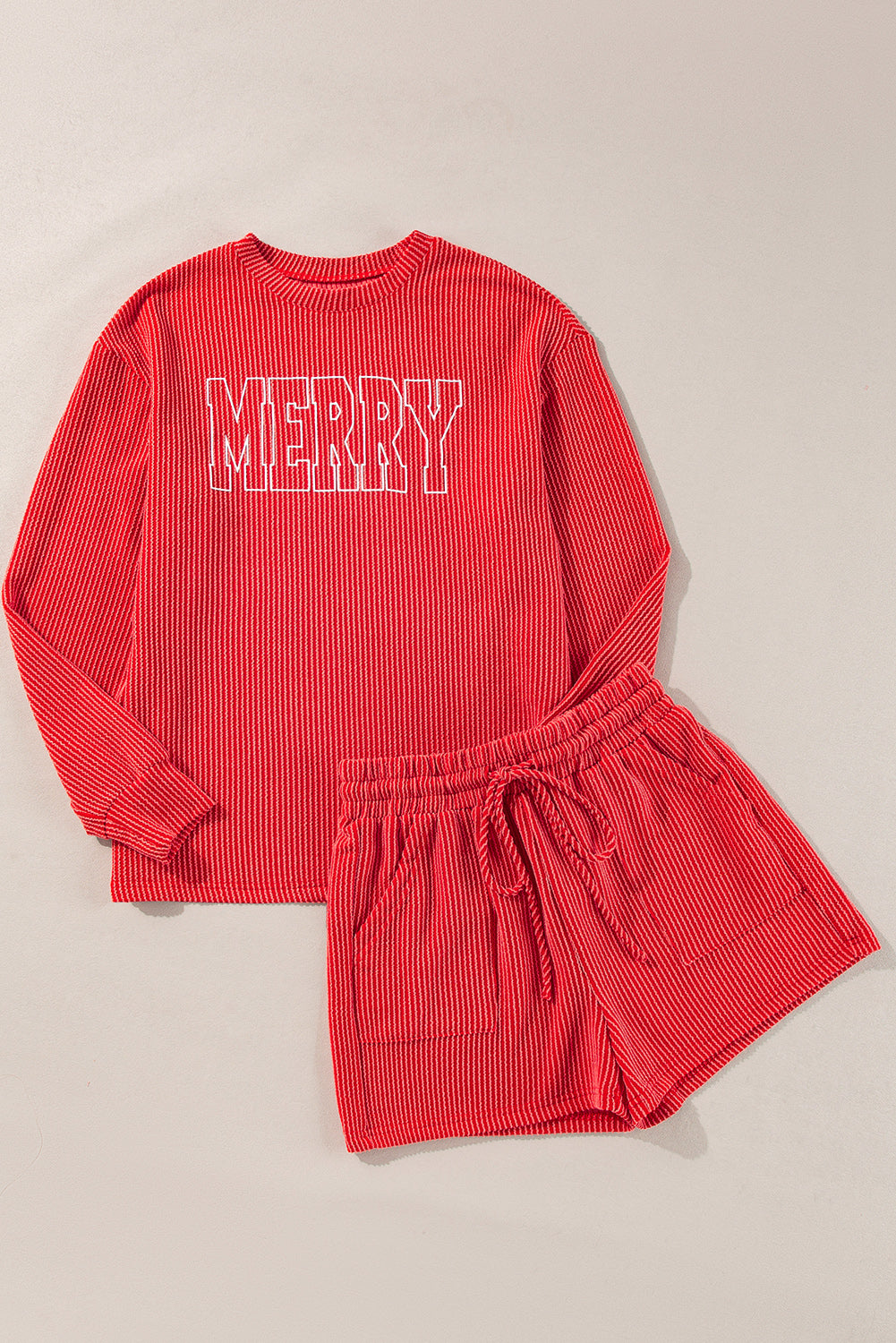 Black Corded MERRY Long Sleeve Top and Shorts Pajama Set