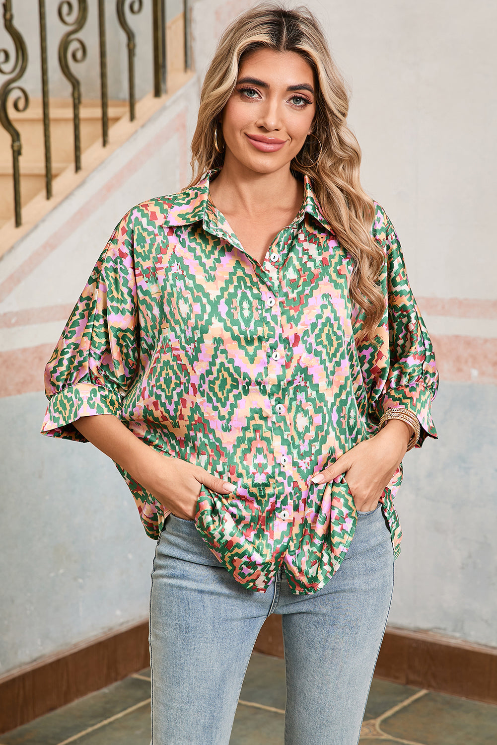 Dark Green Geometric Print Button Up Shirt