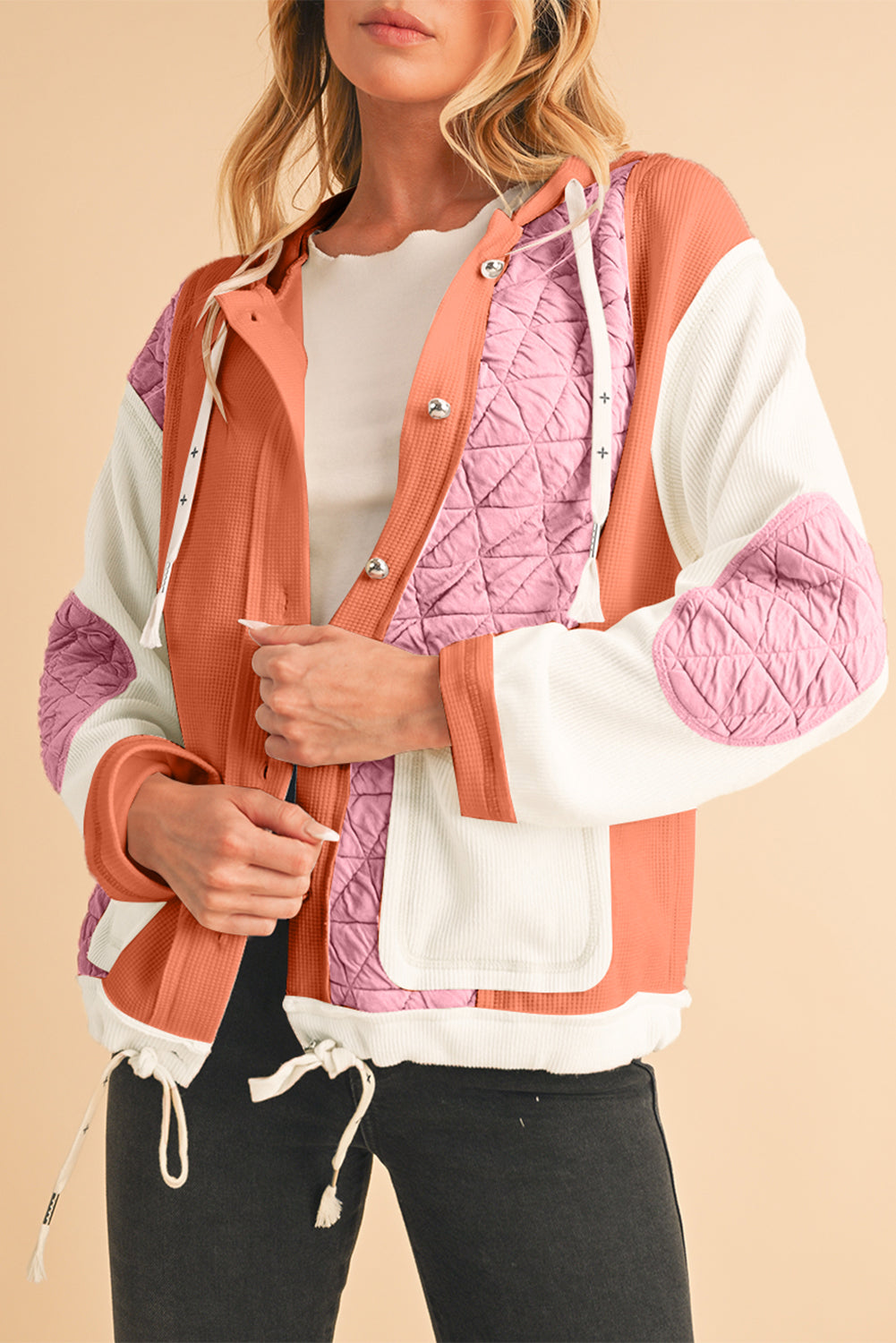 Beige Quilted Textured Patchwork Hooded Jacket