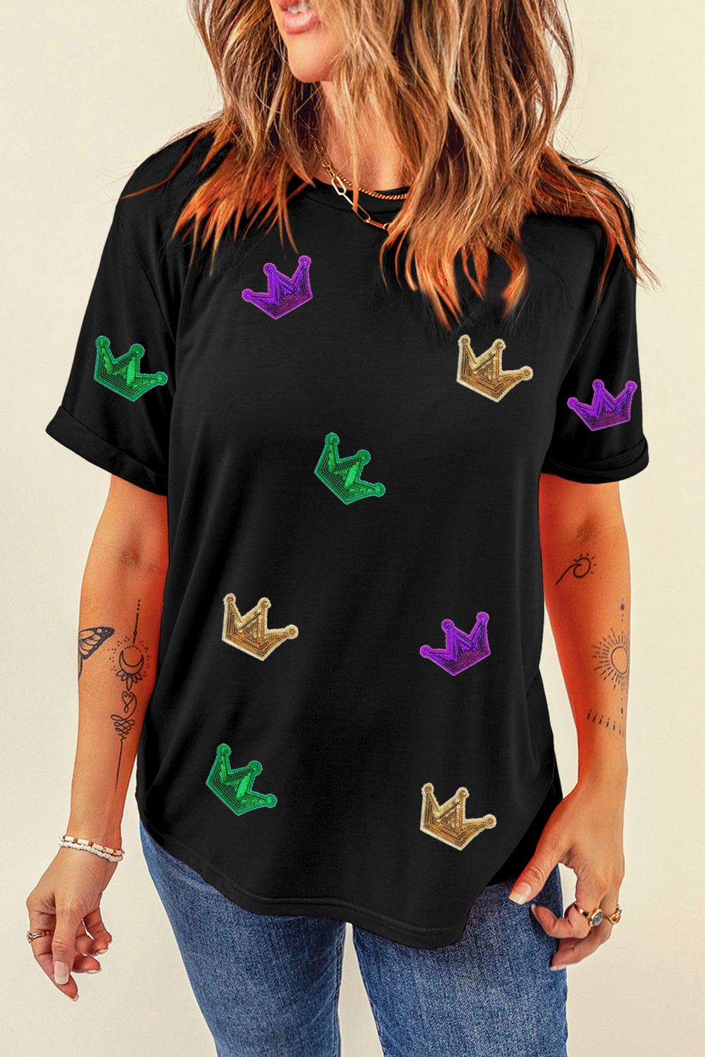 Black Mardi Gras Crown Patched Graphic T Shirt