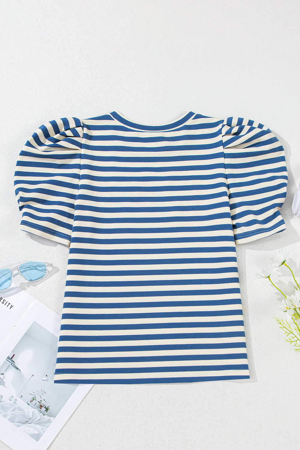 Blue Stripe america Letter Print Puff Sleeve T-shirt